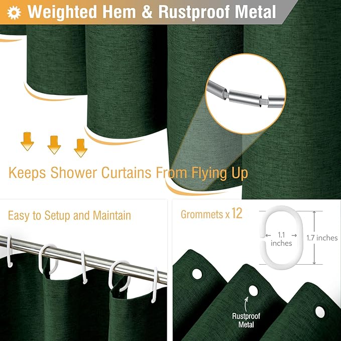 BTTN Extra Long Fabric Shower Curtain, 96 Inch Linen Textured Heavy Duty Cloth Shower Curtain Set with 12 Plastic Hook, Large Hotel Luxury Polyester Shower Curtain for Bathroom, 72x96, Emerald Green