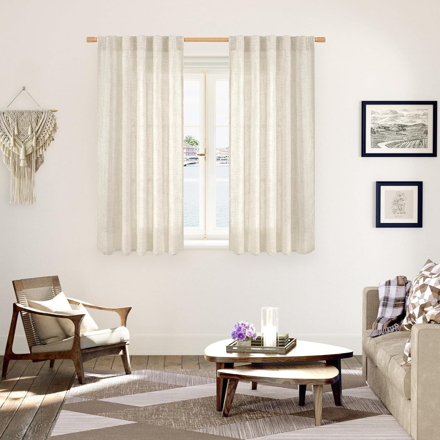 YoungsTex Linen Curtains 48 Inch Length for Kitchen, Semi Sheer Cream Window Drapes with Rod Pocket Back Tab Light Filtering Textured for Living Room Bedroom Bathroom, 2 Panels, 42 X 48 Inch