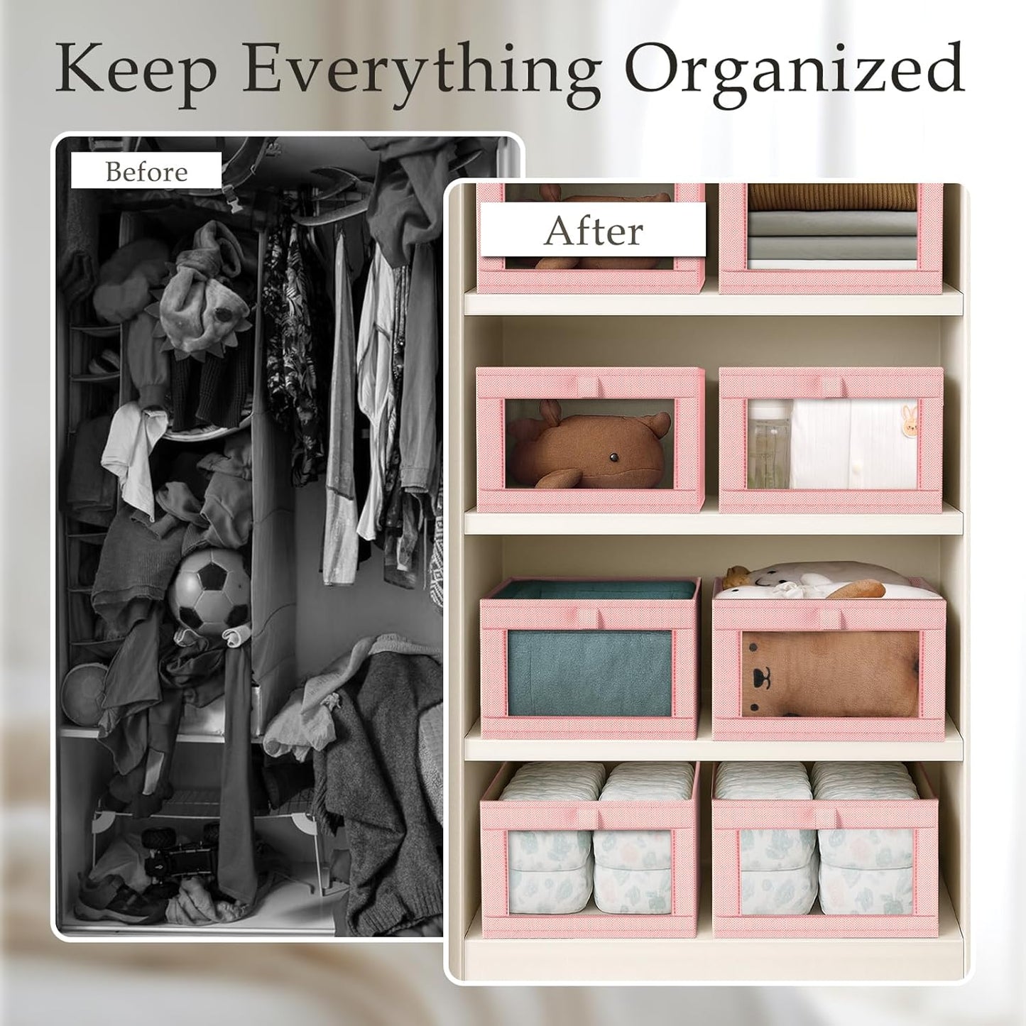 Criusia 6 Pack Linen Closet Organizers and Storage, Large Linen Closet Baskets for Organization, Foldable Storage Containers for Clothing, Towels, Jeans, Books, Shelves, Pink