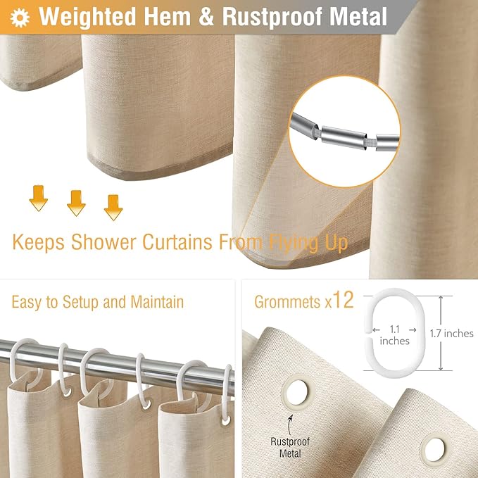 BTTN Long Fabric Shower Curtain, 78 Inch Linen Textured Heavy Duty Polyester Cloth Shower Curtain Set with 12 Plastic Hooks, Hotel Luxury Waterproof Shower Curtains for Bathroom - 72"x78", Beige/Cream