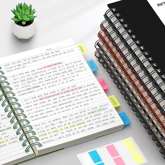 RETTACY Spiral College Ruled Notebook, 300 Pages, B5 Medium Size (7.4" x 10"), for School, Work, Writing, Journaling, 100 GSM Thick Paper, Flexible Plastic Cover (Black)