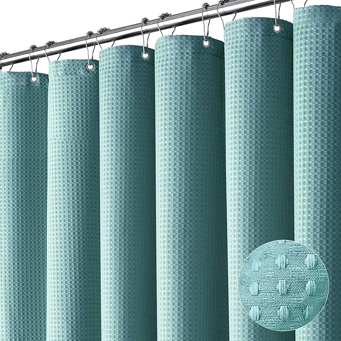 Dynamene Stall Fabric Shower Curtain - 36x72 Waffle Weave Weighted Cloth Shower Curtains for Bathroom, Neutral Heavy Duty Hotel Spa Luxury Bath Curtain Set with 6 Plastic Hooks,Teal