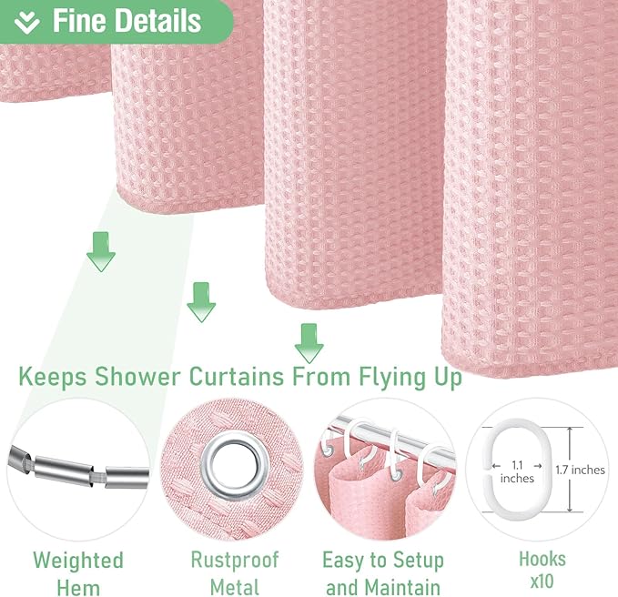 Dynamene 60 inch Stall Shower Curtain - Waffle Weave Heavy Duty Thick Fabric Shower Curtains for Bathroom,Weighted Hotel Spa Luxury Cloth Bath Curtain Set with 10 Plastic Hooks,60x72, Pink