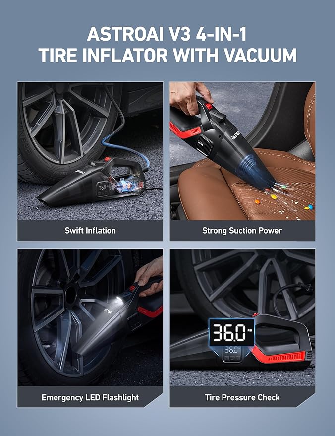 AstroAI 4-in-1 Car Vacuum Cleaner and Tire Inflator Portable with Accessories Air Compressor Digital Dual Values Display, 150 PSI Car Tires Air Pump with LED Light, 12V DC, 16.4FT Cord for Auto