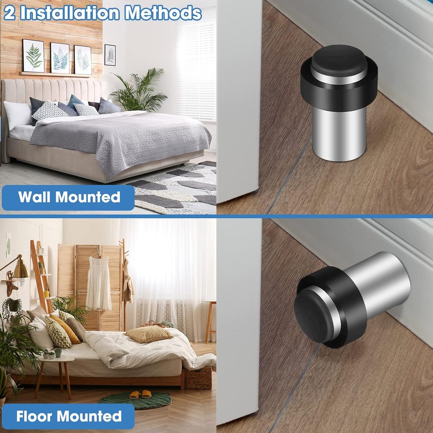 Chumia 20 Pcs Door Stopper Mounted Floor Stops Stainless Steel Cylindrical Stopper Modern Decorative Rubber Bumper Stops Holder Wall Protector for Bottom or Top of Door (Silver)