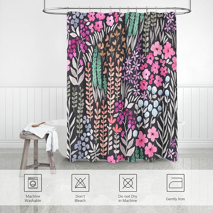 Extra Long Shower Curtain 72 x 96 Inch, Floor to Ceiling X-Long Tall Cute Floral Shower Curtain for Bathroom, Black Hot Pink Wildflower Boho Cottagecore Fabric Shower Curtain Set with Hooks