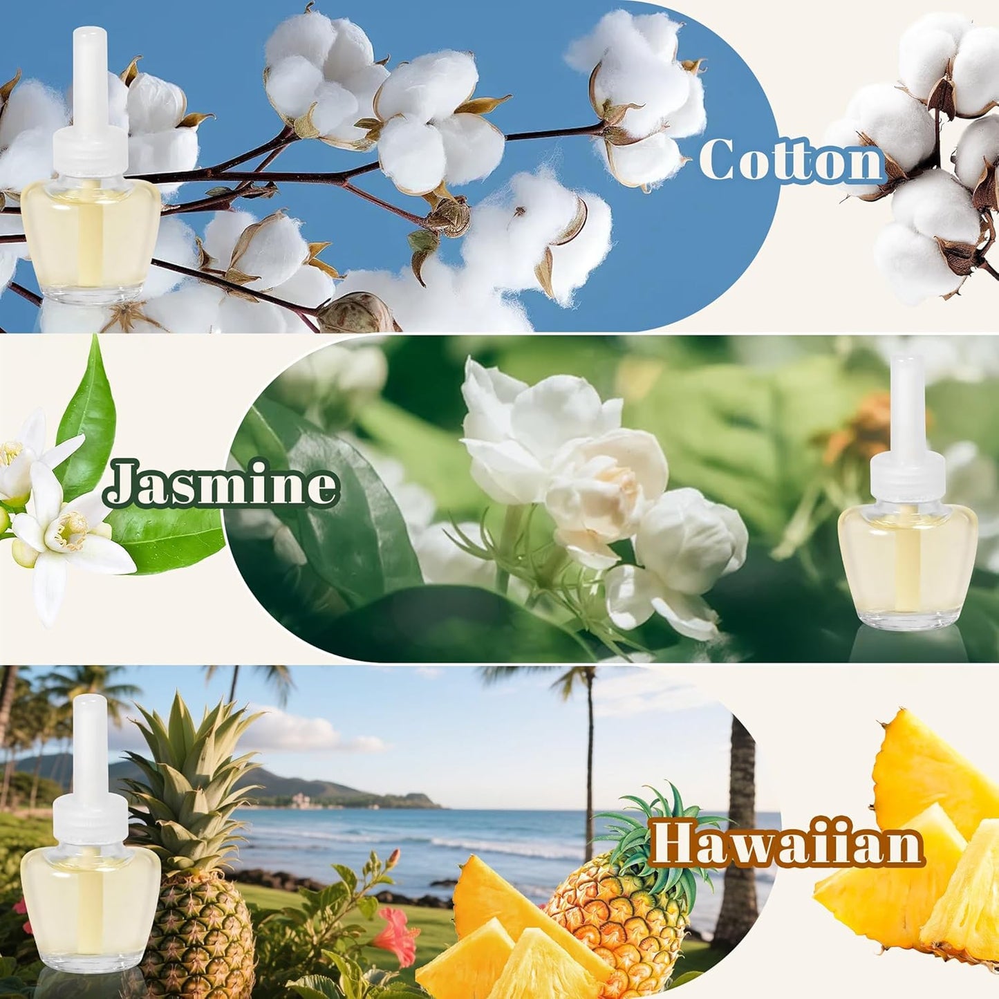 PlugIns Refills Air Freshener, Scented and Essential Oils for Home and Bathroom, Hawaiian, Jasmine, Cotton, Indoor Home Use, 12 Count, Compatible with Airwick, Compatible with Glade