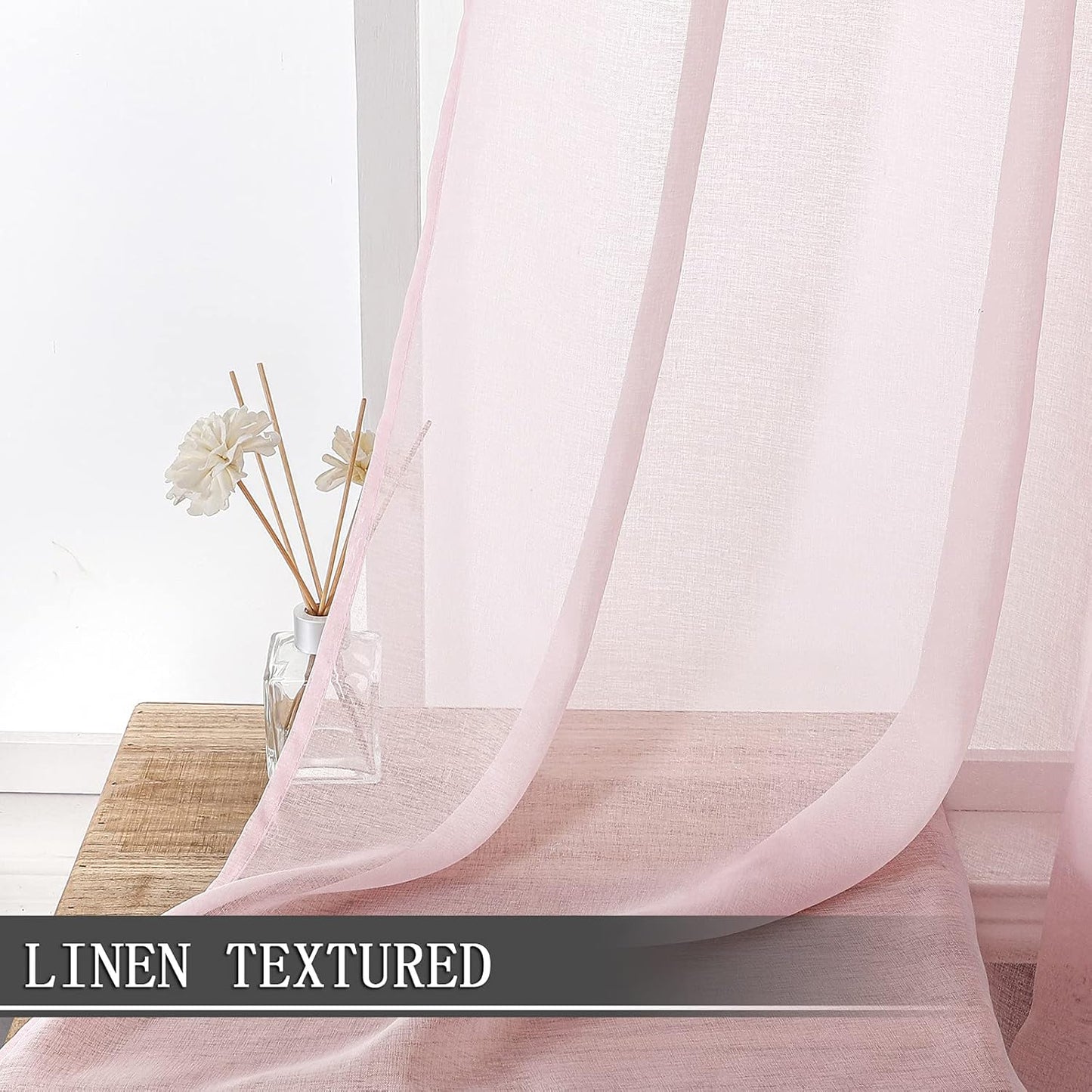 Tollpiz Sheer Curtain Linen Textured Living Room Curtains Sheer Light Filtering Rod Pocket Voile Curtain for Bedroom, 54 x 72 inches Long, Pink, Set of 2 Panels