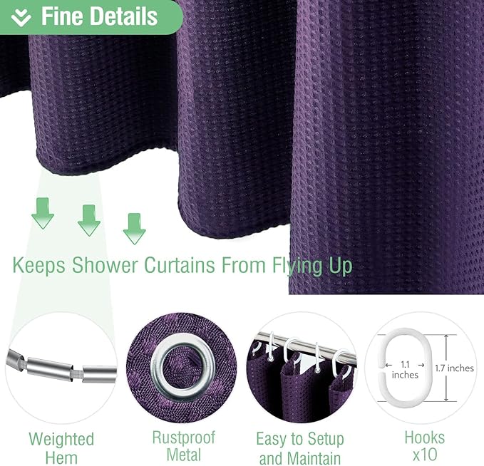 Dynamene Stall Fabric Shower Curtain - 54x78 inch Long Waffle Weave Weighted Thick Cloth Shower Curtains for Bathroom, Neutral Heavy Duty Hotel Spa Luxury Bath Curtain Set with 10 Hooks, Purple