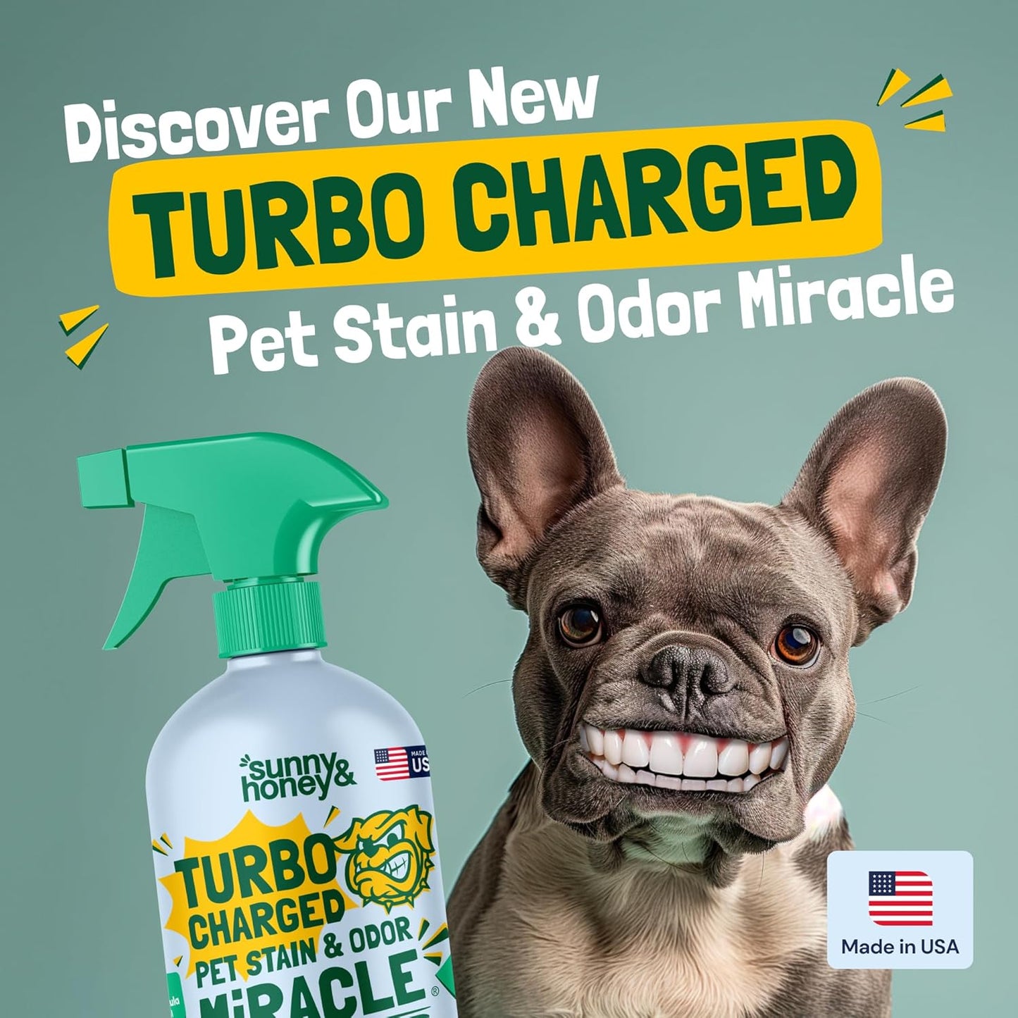 Sunny & Honey Pet Stain & Odor Miracle - Turbo Charged, 32 Fl Oz, Spring Mint - Carpet Shampooer Enzyme Cleaner Spray - Pet Urine & Odor Eliminator Spray - Stain Remover & Carpet Cleaning Solution