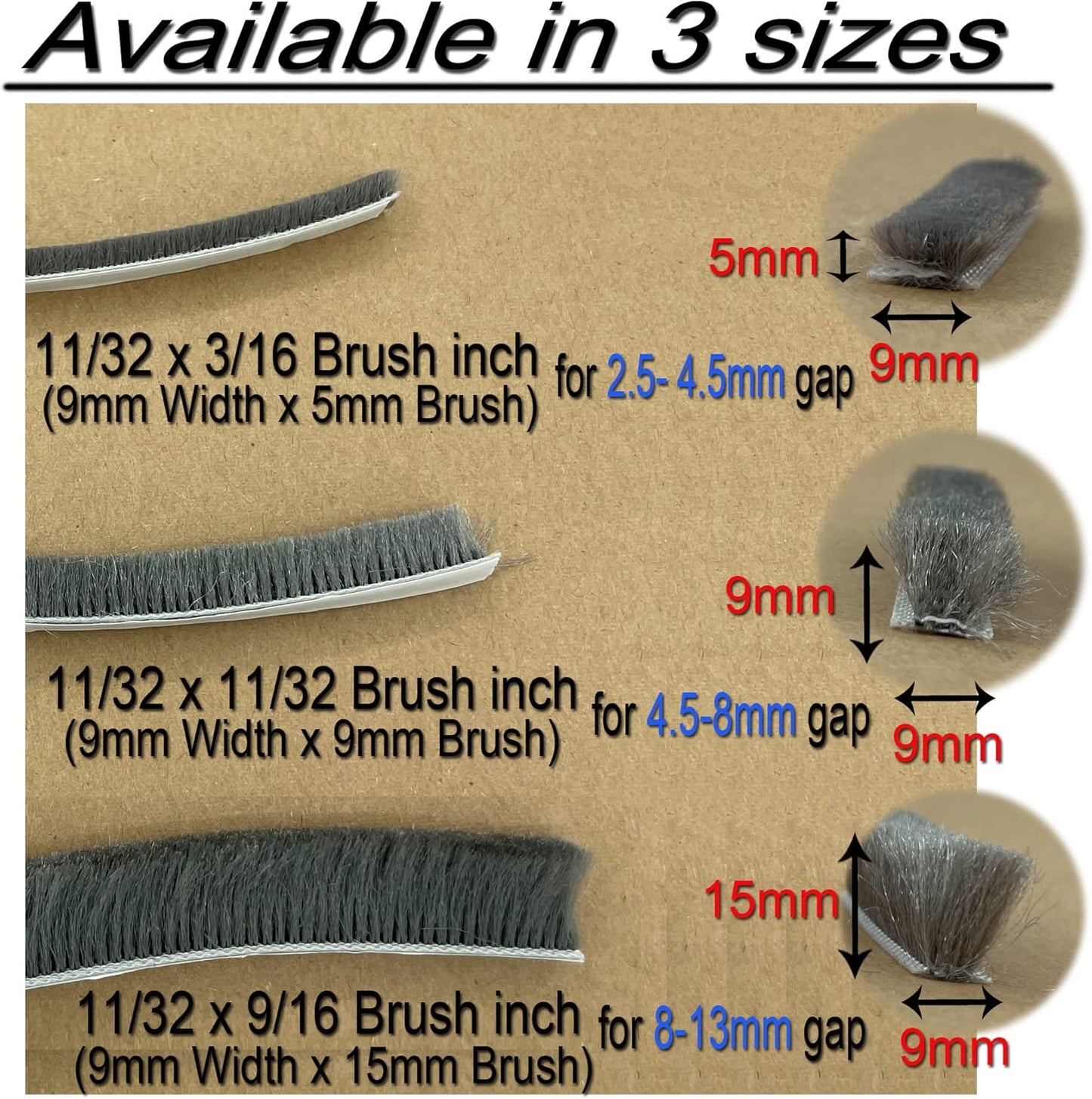 Brush Weather Stripping Window Insulation Sealer for Winter, Self Adhesive Weatherstripping for Doors (16ft x11/32 Backing x 9/16 Brush inch, Black)