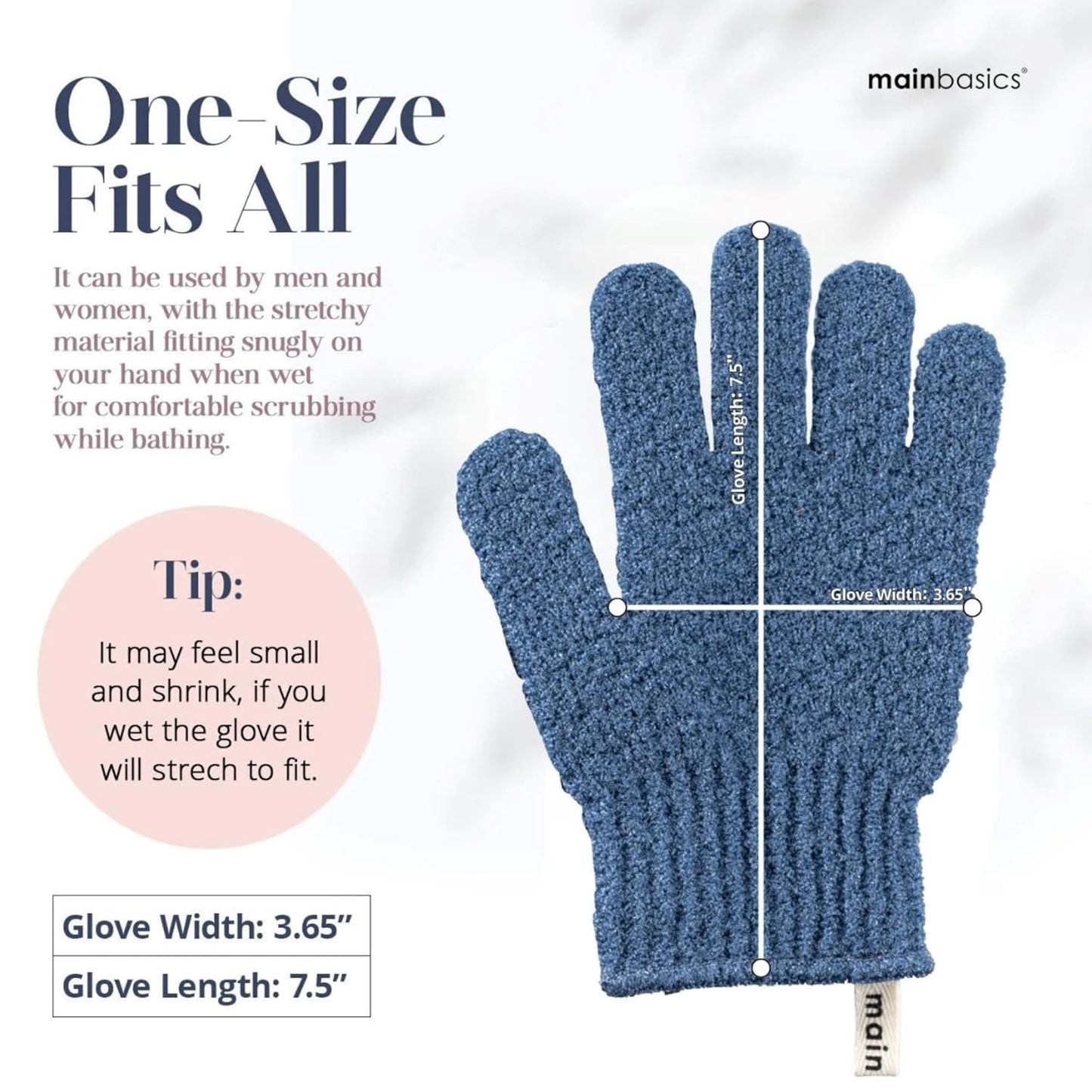 MainBasics Deep Cleansing Exfoliating Bath Gloves - Heavy-Textured Nylon Shower Scrub for Dead Skin Removal - Machine Washable with Hanging Loop (1 Pair, Pigeon Blue)