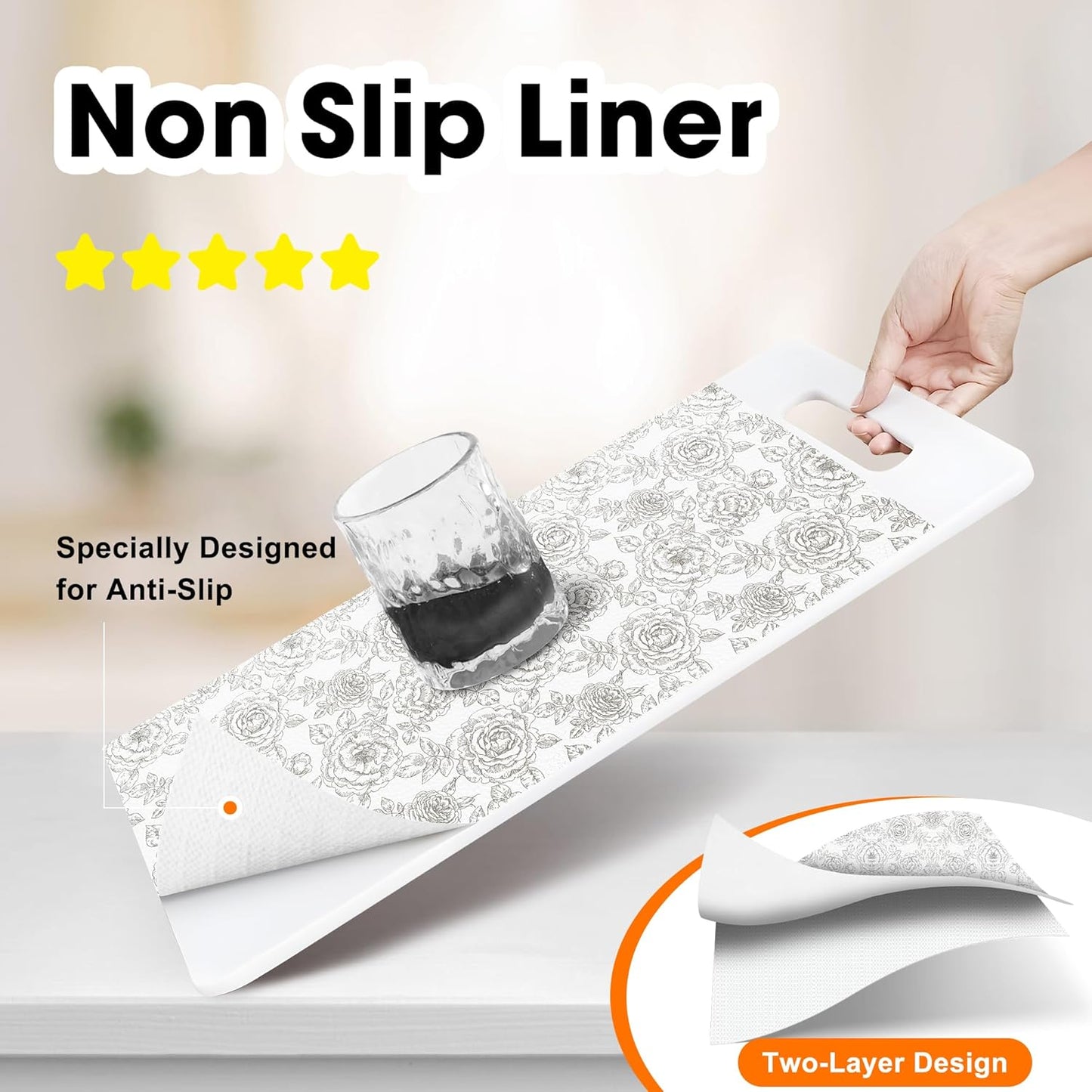 Drawer and Shelf Liner for Kitchen Cabinets Non-Adhesive, Non-Slip Cabinet Liner Shelf Paper Strong Grip Waterproof Easy to Clean for Kitchen Shelves Cupboard, Flower,23.6IN X 20FT