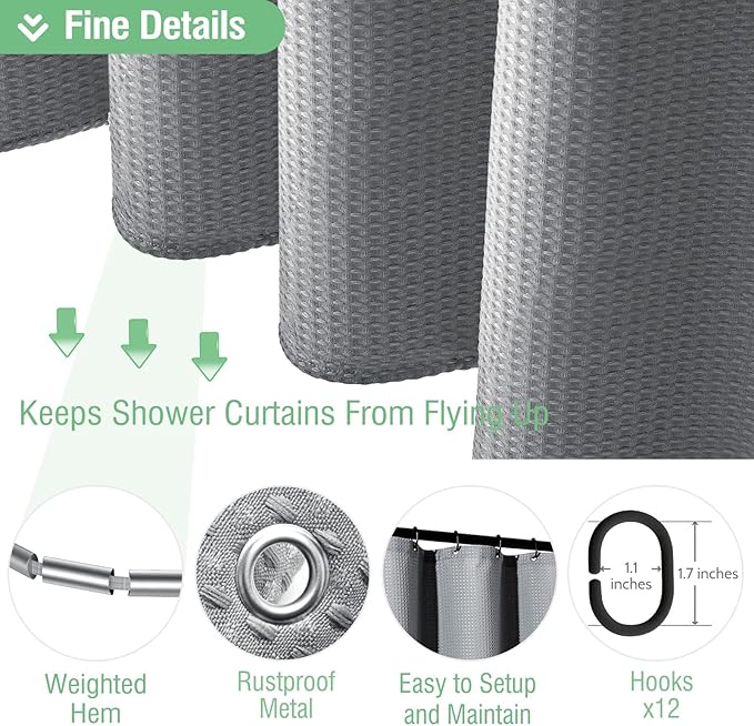 Dynamene Extra Long Shower Curtain,96 Inch Long Waffle Weave Weighted Thick Cloth Bathroom Shower Curtain, Neutral Heavy Duty Hotel Bath Curtain Set with 12 Plastic Hooks,72x96,Grey/Gray