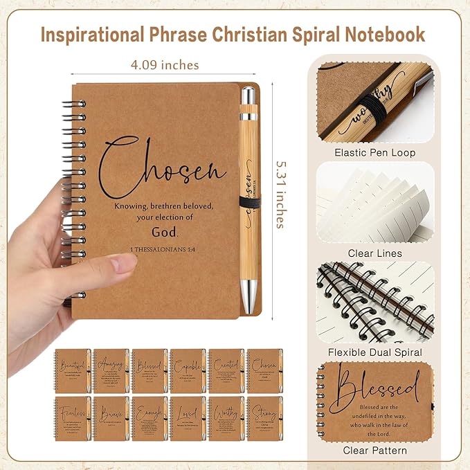 Kosiz 24 Sets Christian Gifts Bulk Inspirational Bible Verse Spiral Notebook and Religious Bamboo Ballpoint Pen Journal with Scripture for Easter Church Member First Communion Teacher Holy Week (Brown)