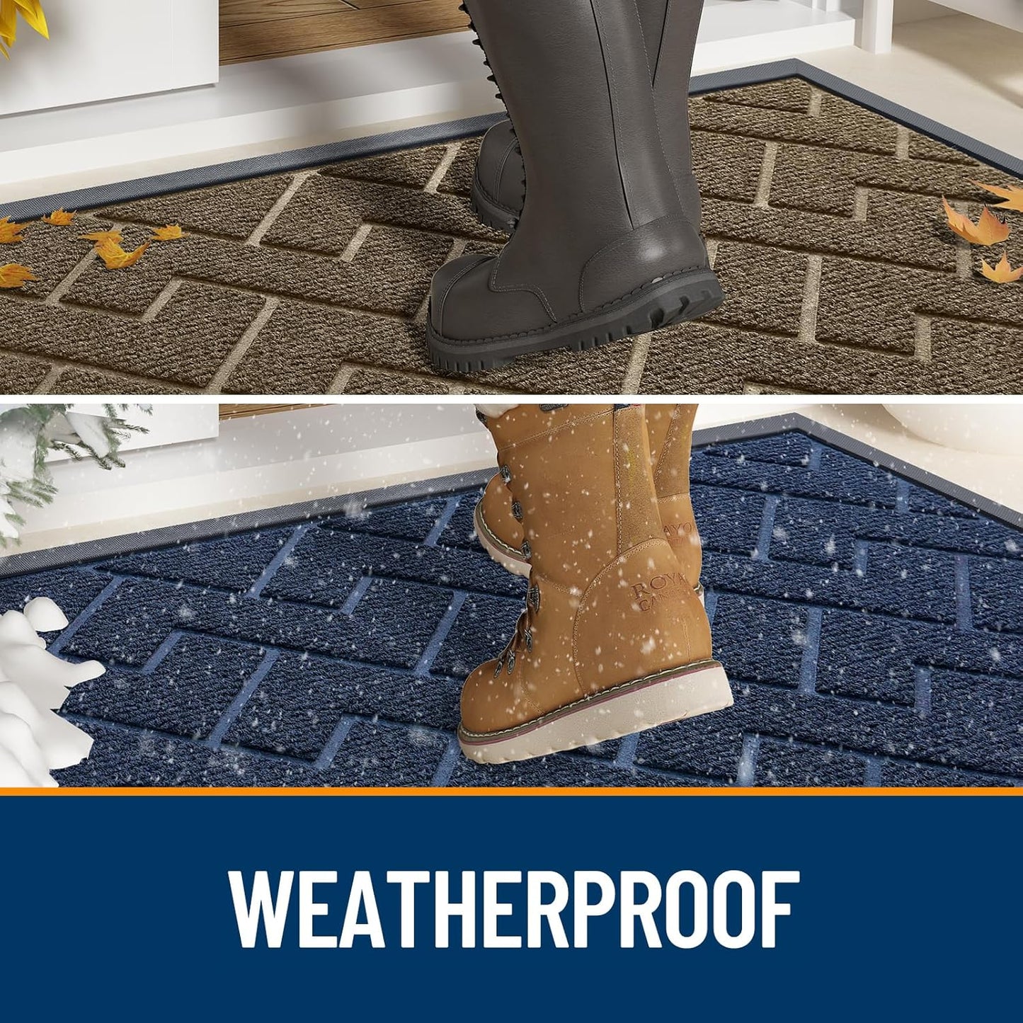 OLANLY Front Door Mat Indoor Outdoor Entrance, Waterproof All-Season, All-Weather Doormat, Sturdy Natural Rubber, Low Profile, Easy Clean Patio Porch Entryway Mat, Herringbone Brick (Blue, 59x35)
