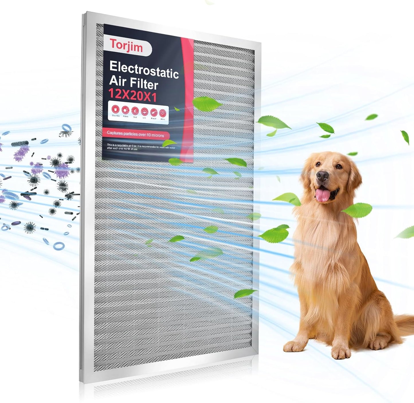 Torjim 12x20x1 MERV8 Washable Reusable Electrostatic Air Filter, AC/HVAC Furnace Filter, Breathe Fresher, Easy Install