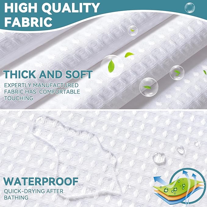 Conbo Mio Stall No Hook Waffle Weave Shower Curtain with Snap in Liner Set, Hotel Luxury White Shower Curtains for Bathroom with See Through Top Window, Waterproof, Washable 36W x 74H