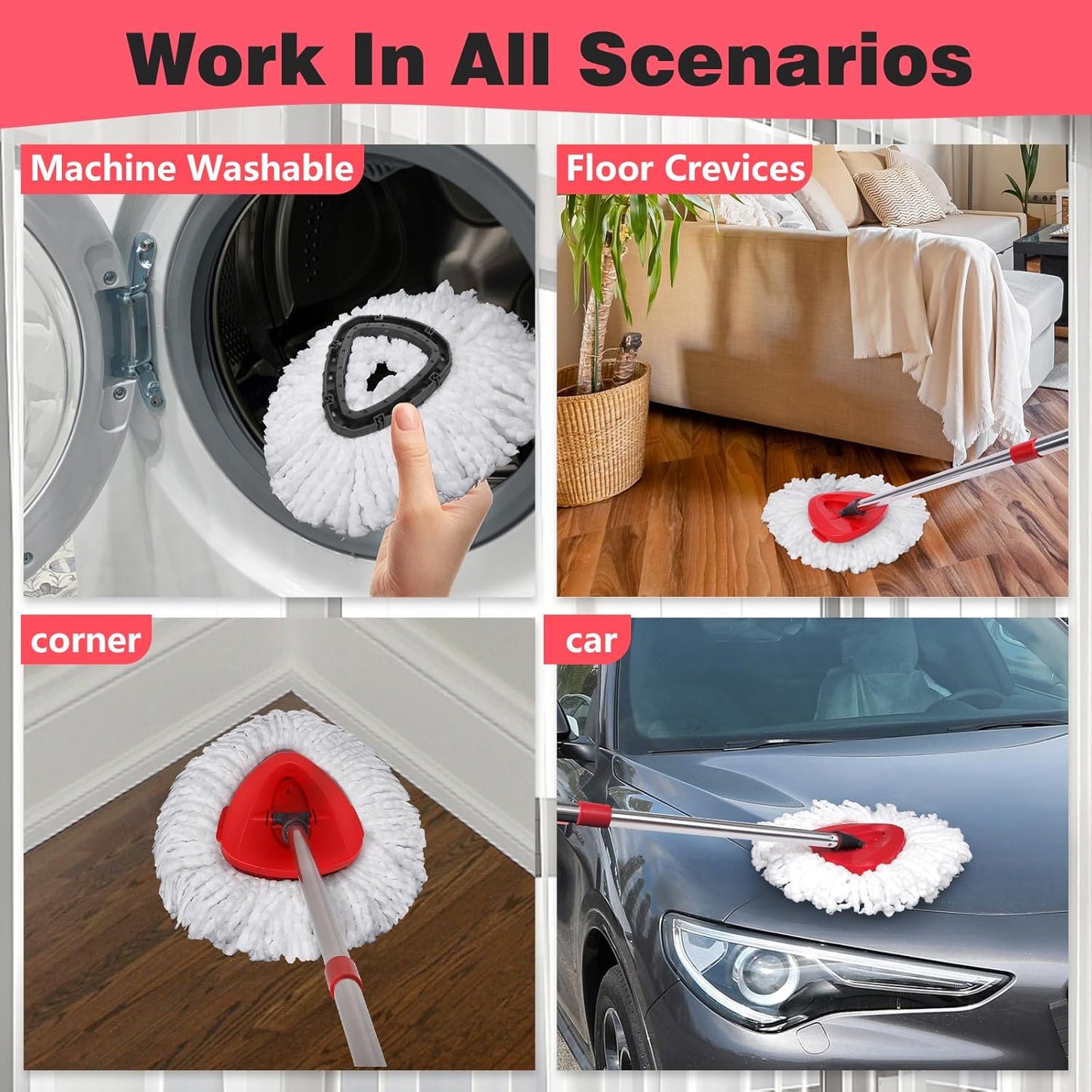 4 Pcs Micro Spin Mop Replacements Head & 2 Chennile Mop Heads & 1 Scrub Brush & 1 Base Combo for Oceda EasyWring 1-Tank System,Mop Head Replacement,Machine Washable for Home,Bathroom,Kitchen