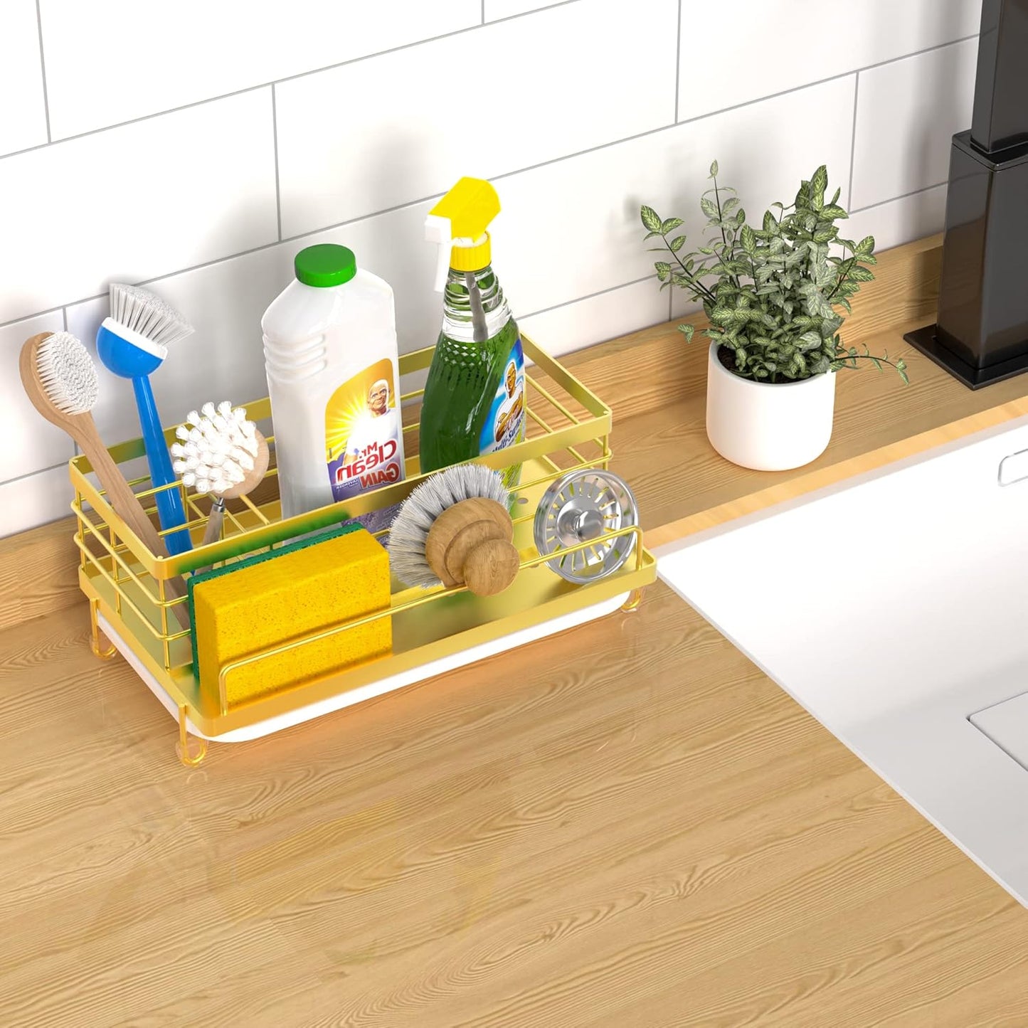 Cisily Kitchen Sink Caddy, Gold, Unisex, 5.3 in Wide, 9.49 in Long, 4 Storage Spaces, Stain-Resistant Tray, Anti-Rust, Easy to Clean