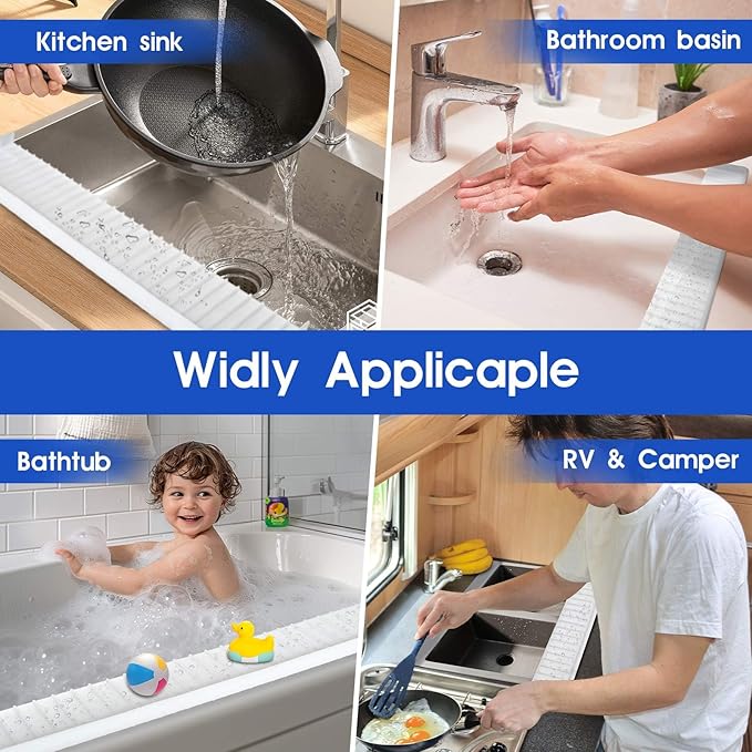 24"x4" Silicone Sink Edge Protector - Splash Guard with Suction Cups & 5° Tilt, Cuttable Edge Guard for Kitchen Sink, Bathroom,Granite & Quartz Countertops(White)
