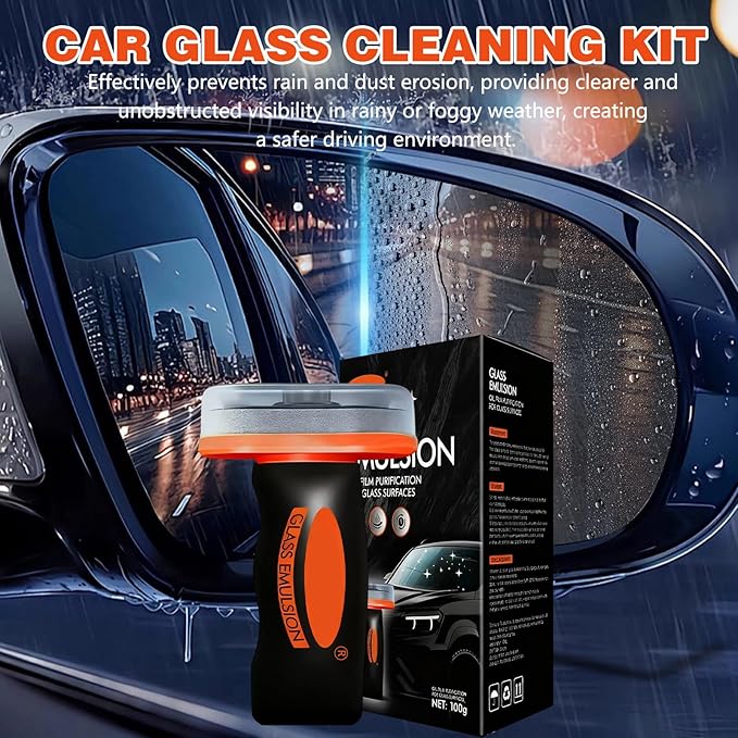 2pcs Glass Oil Film Remover for Car, Roll-On Glass Compound with Cleaning Board, Removes Oil Film & Smudges, Improve Windshield Clarity for Safe Driving