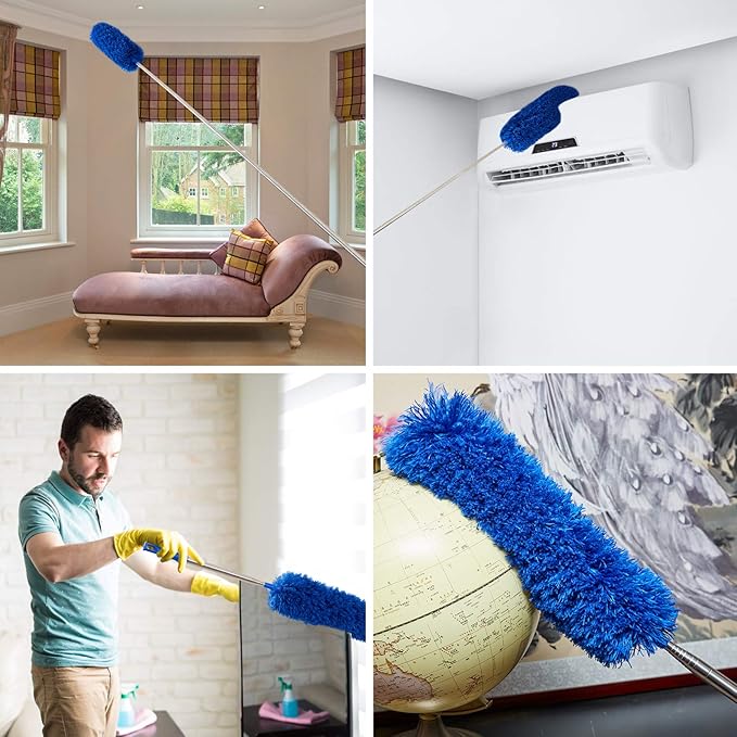 Cobweb Duster with Extension Pole, Washable Cleaning Duster Kit with 2 Duster Heads, Cobweb Duster, Corner Brush, Aluminum Telescoping Pole for Ceiling Fan (Blue)
