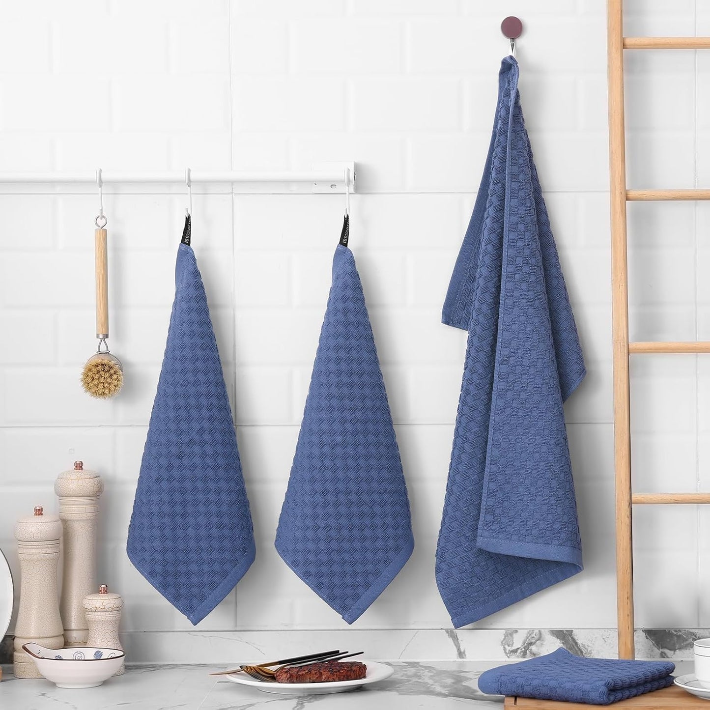 Fintale 100% Cotton Kitchen Towels and Dishcloths Set, 12 x 12 & 15 x 25 Inches, Set of 12 Bulk Super Soft and Absorbent Terry Cloth Dish Towels, Quick Drying Hand Towels with Hanging Loop, Navy Blue