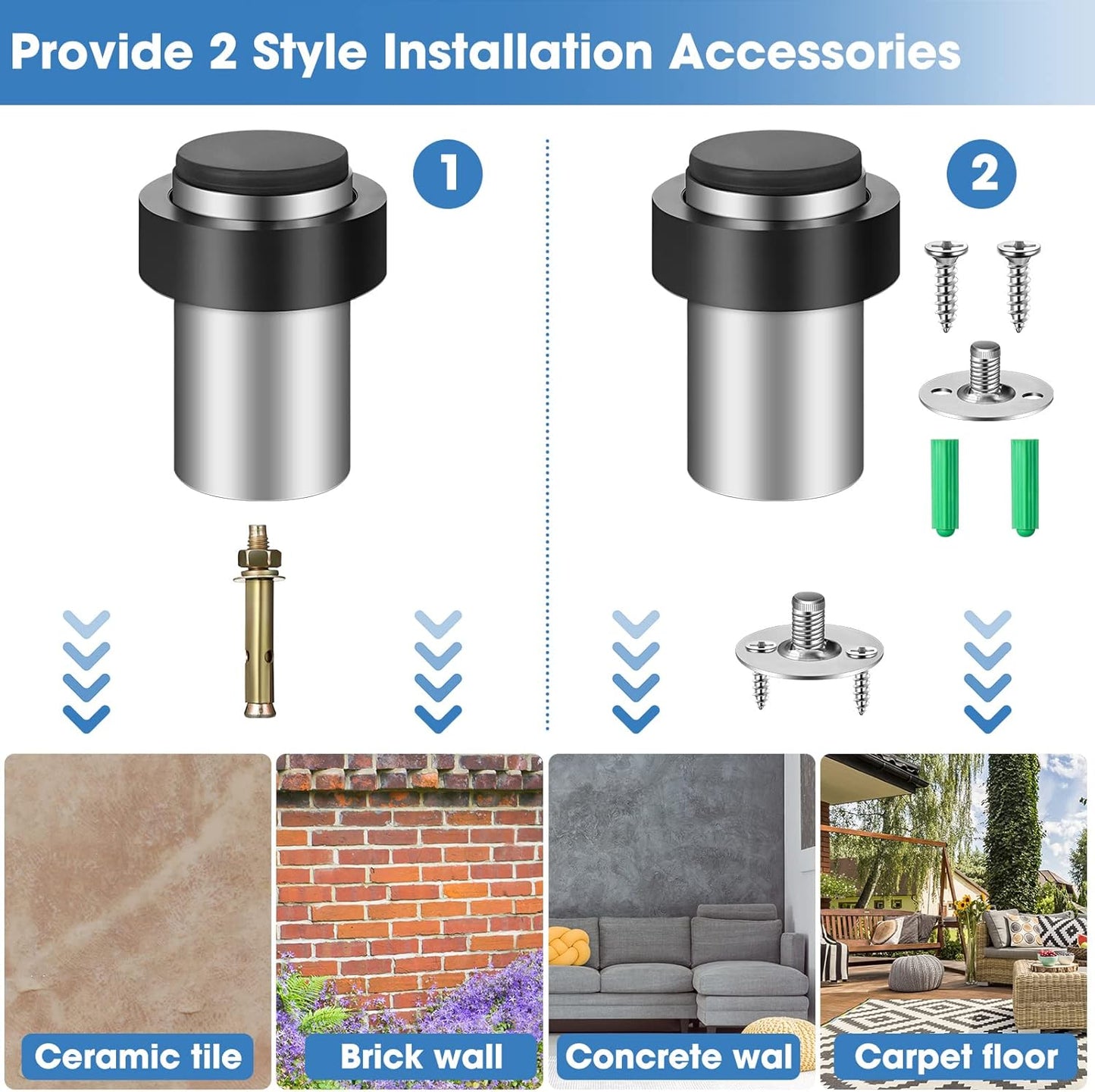 Chumia 30 Pcs Door Stopper Mounted Floor Stops Stainless Steel Cylindrical Stopper Modern Decorative Rubber Bumper Stops Holder Wall Protector for Bottom or Top of Door (Silver)
