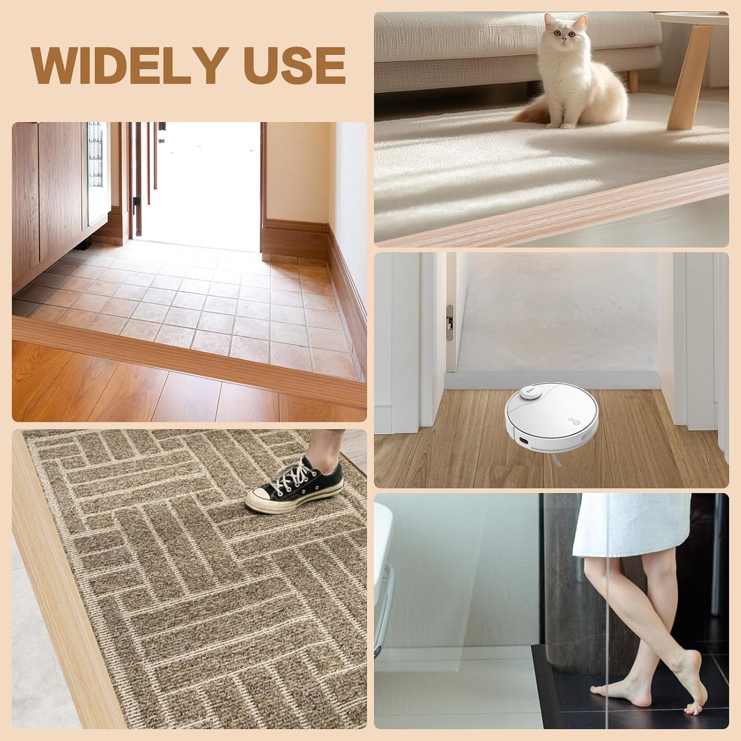 Floor Transition Strip Vinyl Door Threshold Ramp Self Adhesive Carpet Edging Strip Doorway Edge Trim, Overlap Edge Reducer for Laminate Carpet, Floor, Tile (Brown Wood Grain, 3/5" to 4/5", 6.6Ft)