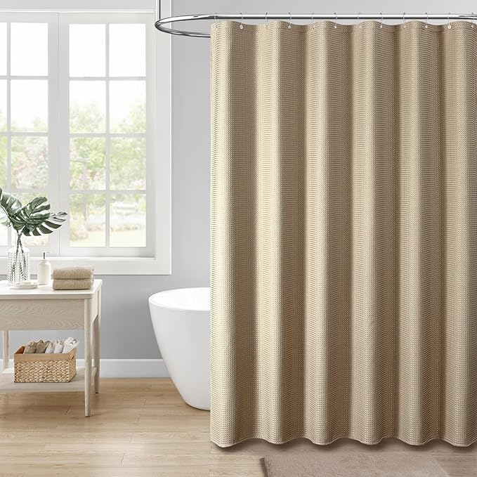 Dynamene Extra Wide Shower Curtain - 180 Inch Wide Waffle Weighted Thick Cloth Bathroom Shower Curtain, Neutral Heavy Duty Hotel Shower Curtain Set with 32 Plastic Hooks, 180x72, Beige/Khaki
