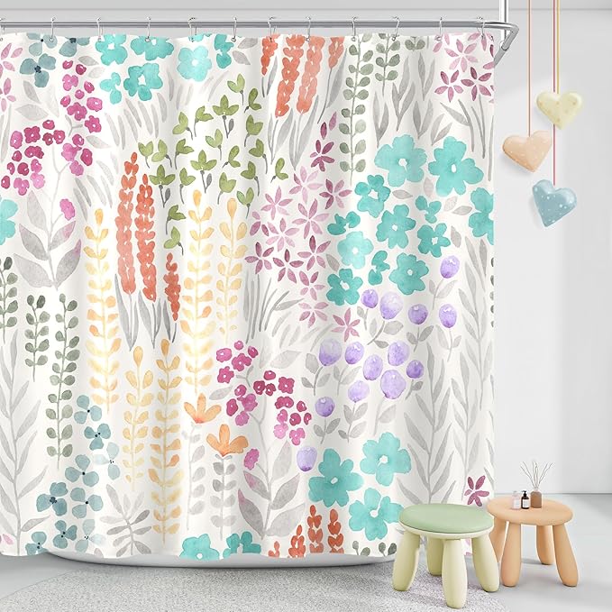 Cute Floral Shower Curtain 60x72, Teal Blue Boho Flower Fabric Shower Curtain, Turquoise Funky Watercolor Wildflower Shower Curtain Set, Cottagecore Bohemian Bathroom Decor