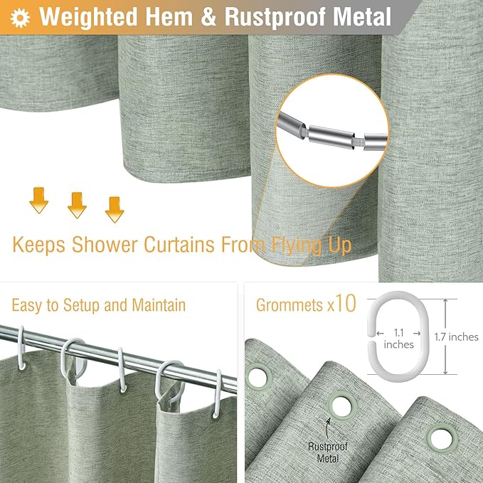 BTTN 60 Inch Stall Fabric Shower Curtain - Linen Textured Heavy Duty Shower Curtain Set with 10 Plastic Hooks, Narrow Waterproof Decorative Bath Curtains for Bathroom and Bathtubs - 60x72 - Sage Green