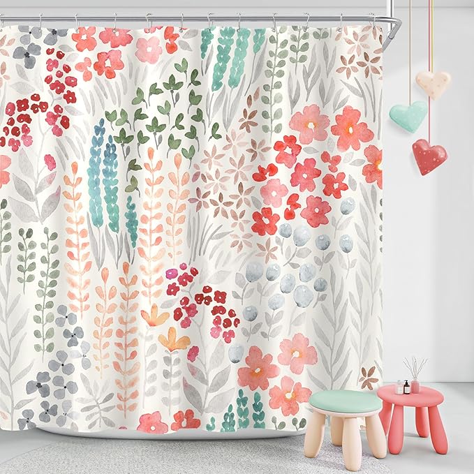 Colorful Floral Shower Curtain, Retro Red Teal Flower Fabric Shower Curtain, Cute Funky Watercolor Wildflower Shower Curtain Set, Cottagecore Bohemian Bathroom Decor, 72x72