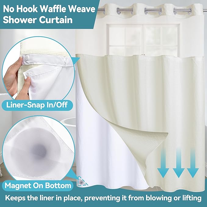 Conbo Mio Stall No Hook Waffle Weave Shower Curtain with Snap in Liner Set, Hotel Luxury Beige Shower Curtains for Bathroom with See Through Top Window, Waterproof, Washable 54W x 74H