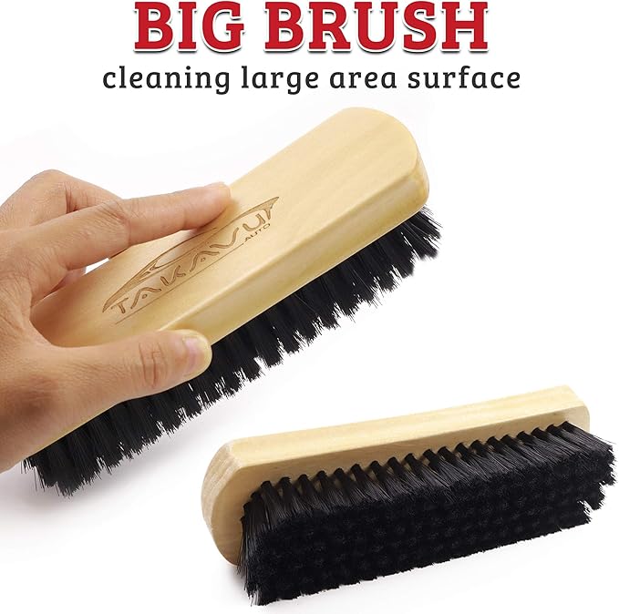 Leather & Textile Shine Brush by TAKAVU, Durable Soft Nylon Bristles, Included Detailing Cleaning Brush, Unique Concave Design Wood Handle for Car Interior Seat Carpet Upholstery Couch Boots Shoes