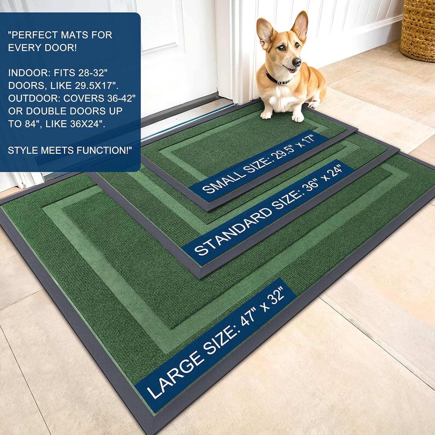 OLANLY Front Door Mat Indoor Outdoor Entrance, Waterproof All-Season, All-Weather Doormat, Sturdy Natural Rubber, Fade Resistant, Low Profile, Easy Clean Patio Porch Entryway Mat, 71x23, Green