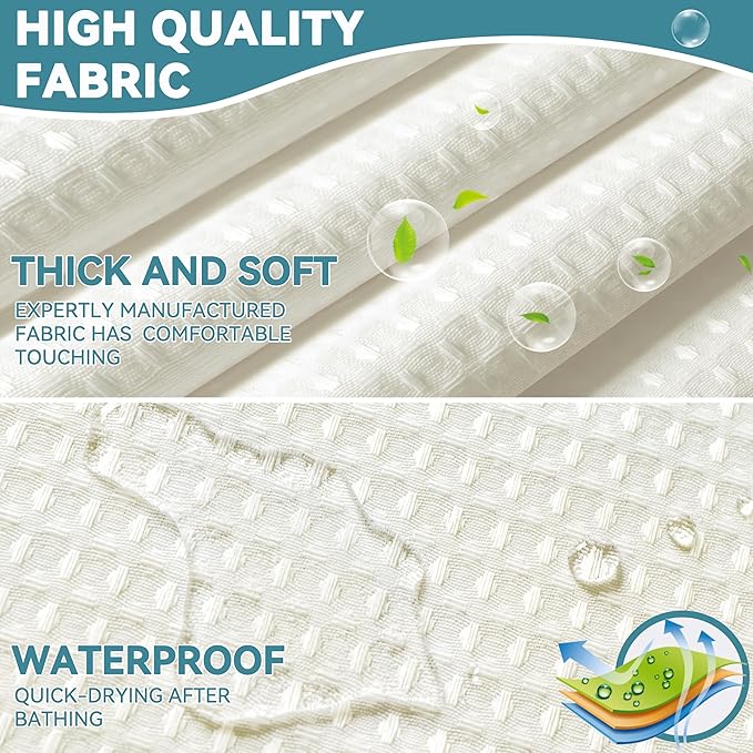 Extra Wide No Hook Waffle Weave Shower Curtain with Snap in Liner Set, 108" x 74" Hotel Luxury Beige Shower Curtains for Bathroom with See Through Top Window, Waterproof, Washable 108W x 74H