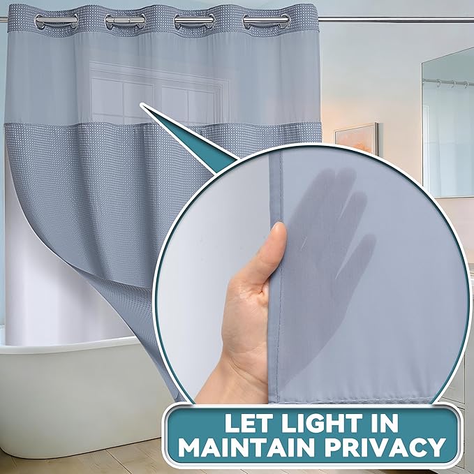 Conbo Mio No Hook Waffle Weave Shower Curtain with Snap in Liner Set, Hotel Luxury Grey Shower Curtains for Bathroom with See Through Top Window, Waterproof, Washable 71W x 74H