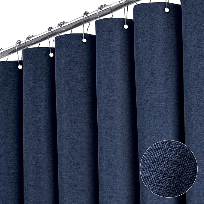 BTTN 78 Inch Long Shower Curtain - Linen Textured Thick Weighted Fabric Shower Curtain Set with 12 Hooks, Tall Neutral Heavy Duty Waterproof Polyester Shower Curtains for Bathroom - 72x78 - Navy Blue