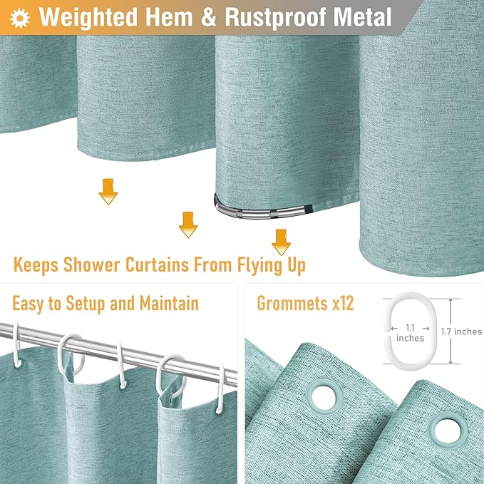 BTTN Extra Long Shower Curtain - 72x96 Inch Long Linen Textured Heavy Duty Fabric Shower Curtain Set with 12 Hooks, Turquoise Tall Simple Neutral Waterproof Cloth Shower Curtains for Bathroom - Teal