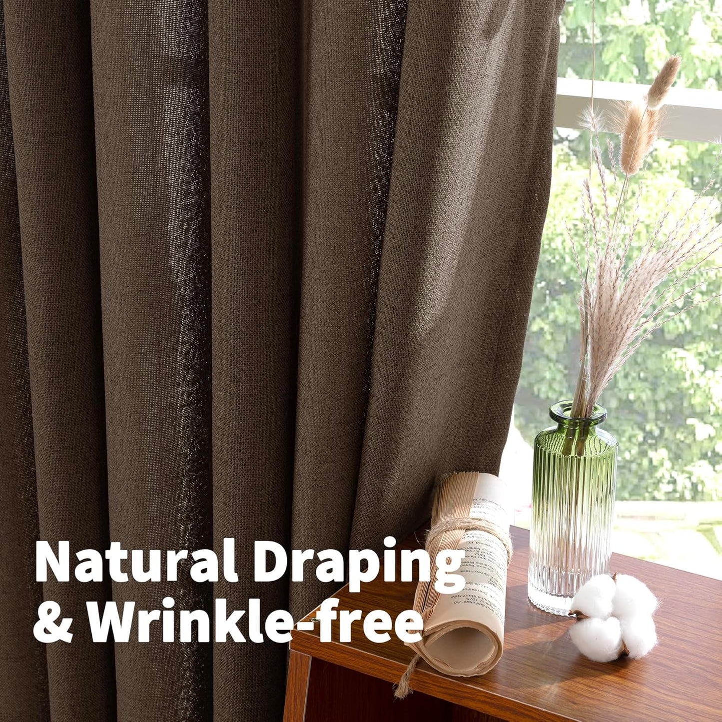 YoungsTex Brown Linen Curtains 84 Inch Length for Living Room, Chocolate Semi Sheer Drapes with Back Tab Rod Pocket Light Filteringfor Bedroom Dining Farmhouse, 2 Panel, 52 X 84 Inch