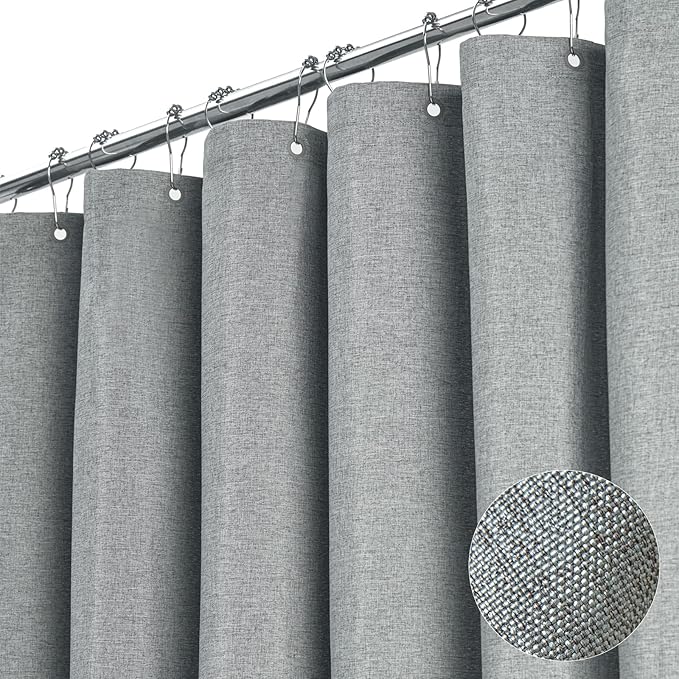 BTTN Fabric Shower Curtain, Linen Textured Heavy Duty Polyester Cloth Shower Curtain Set with Plastic Hooks, Grey, 72x96