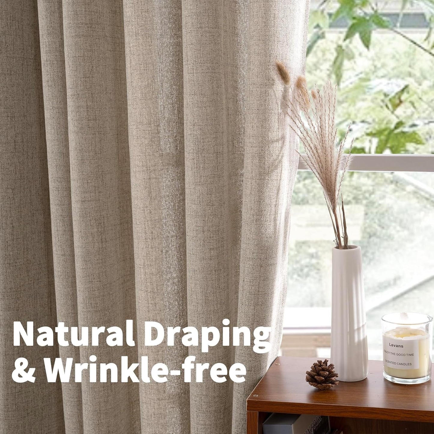 YoungsTex Dark Oatmeal Linen Curtains 63 Inch Length for Living Room, Semi Sheer Short Window Drapes Light Filtering Rod Pocket Back Tab Curtain for Bedroom, 2 Panels, 38 X 63 Inch