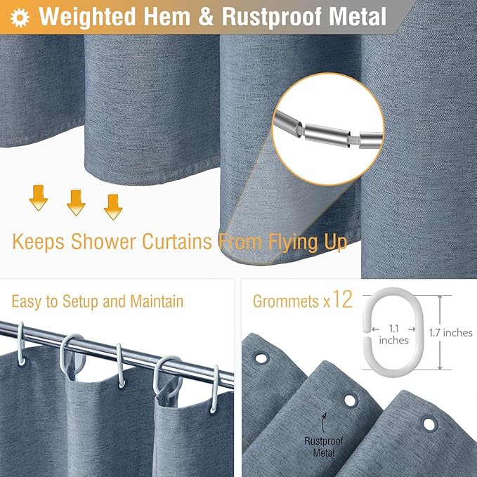 BTTN 96 Inch Extra Long Shower Curtain - Linen Textured Heavy Duty Tall Fabric Shower Curtain Set with 12 Plastic Hooks, Large Simple Neutral Cloth Shower Curtains for Bathroom, 72x96 Inch, Blue Gray