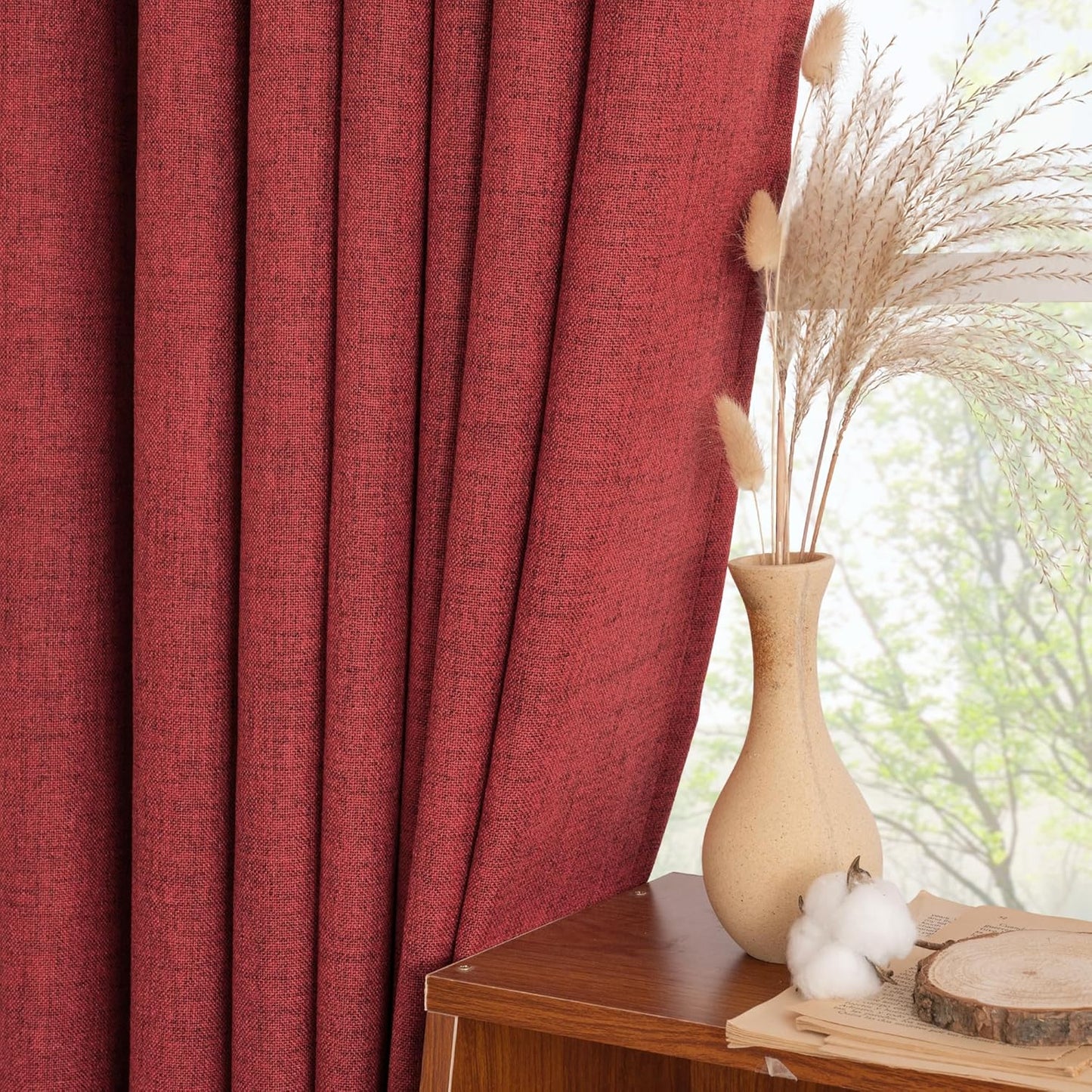YoungsTex Red Linen Semi Sheer Curtains 72 Inch Length for Living Room - Light Filtering Drapes with Back Tab Rod Pocket Privacy for Bedroom Christmas Decor, 2 Panels, 52 X 72 Inch