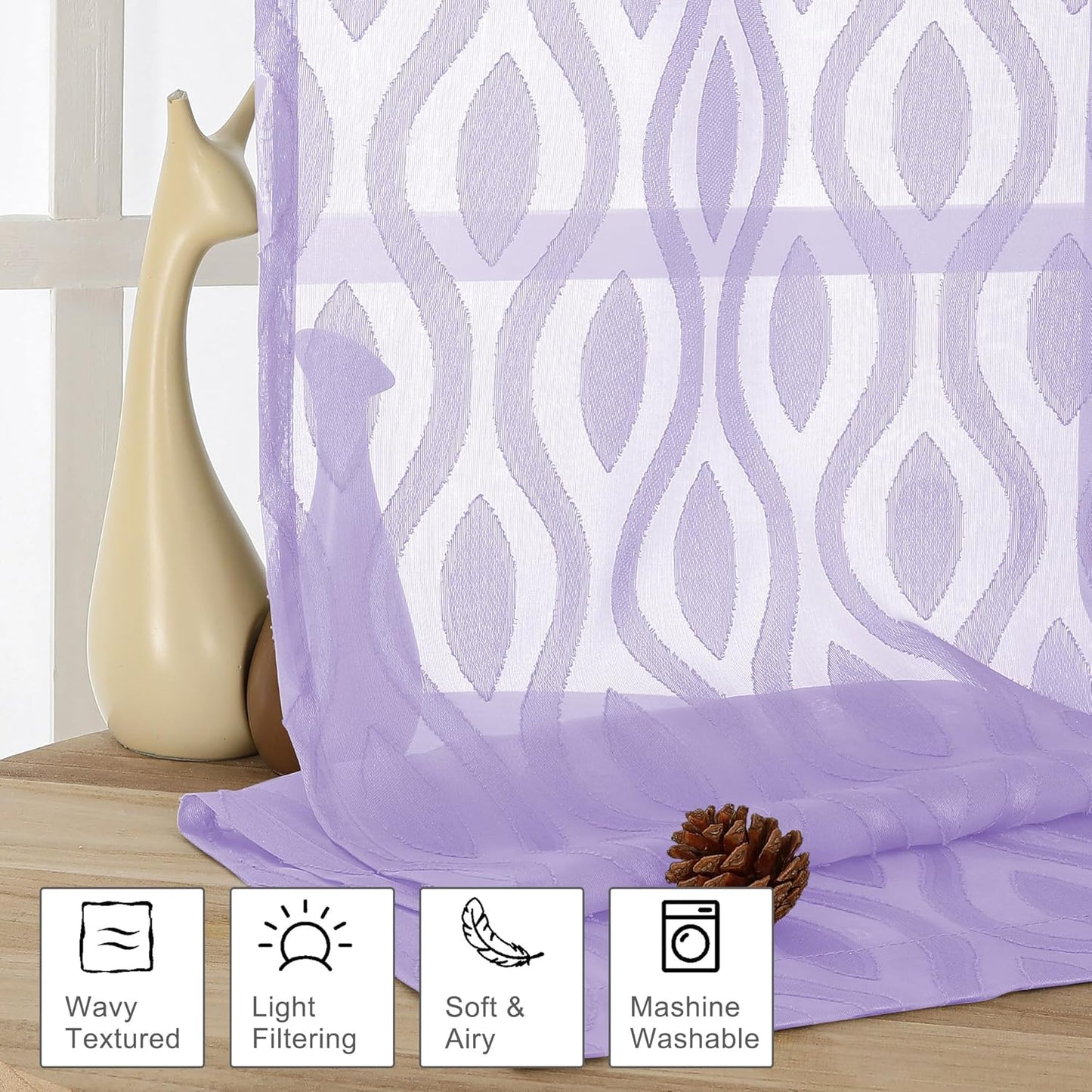 Aiyufeng Light Purple Sheer Curtains 72 Inches Long 2 Panels Set, Elegant Light Filtering Transparent Curtain Draperies for Bedroom Living Room, Classic Clip Wavy Line Door Curtains, 40Wx72L Inch