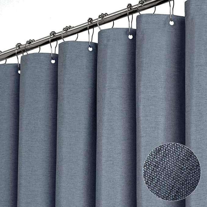 BTTN Fabric Shower Curtain, Linen Textured Heavy Duty Polyester Cloth Shower Curtain Set with Plastic Hooks, Blue Grey, 72" W x 72" L (Pack of 1)