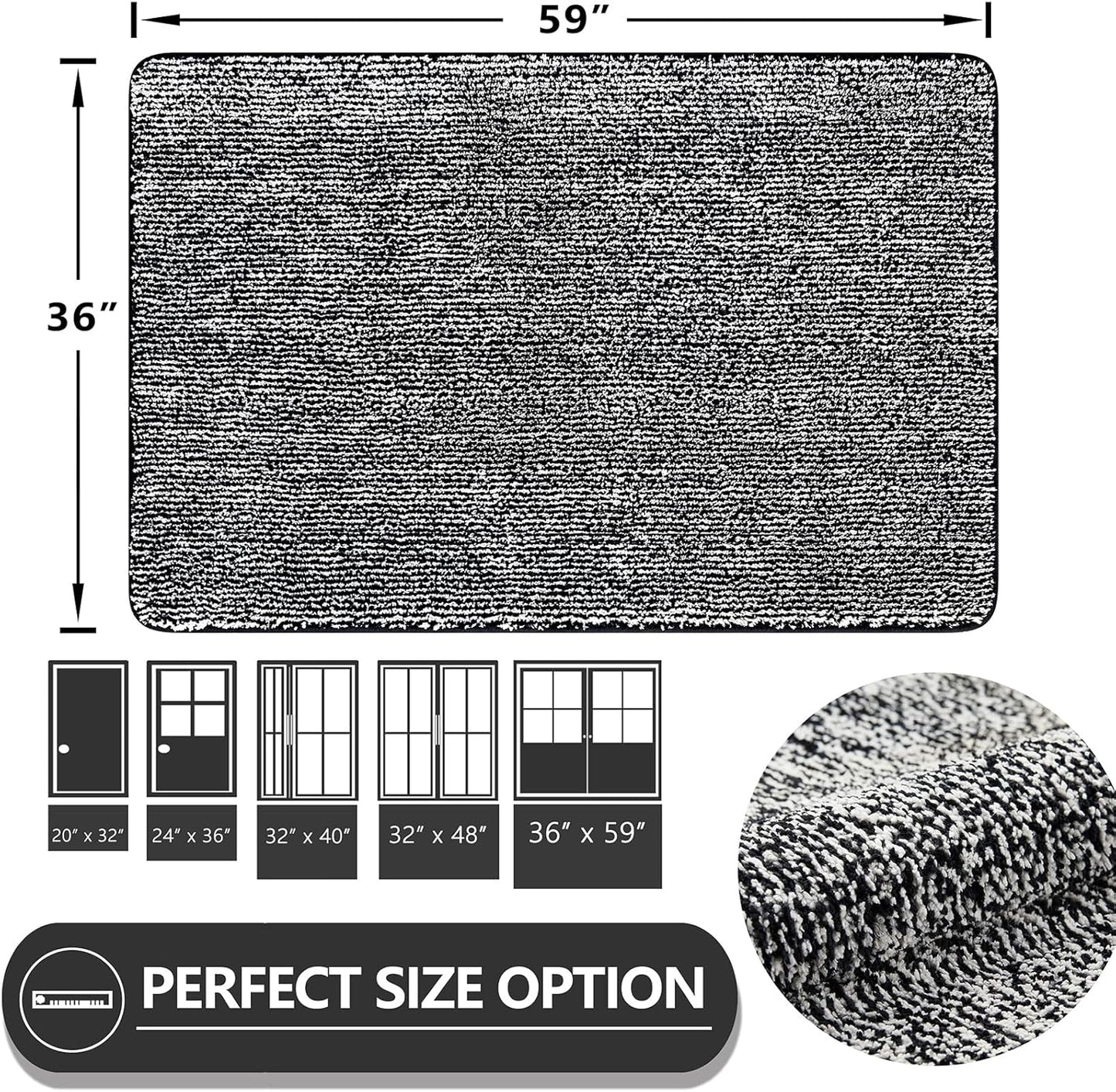 REFETONE Indoor Doormat, Front Door Mat 36"x59" Absorbent Rubber Backing Non Slip Back Door Mats, Washable Low-Profile Inside Floor Mat Door Rugs for Entryway, Resist Dirt Mud Mat for Dogs, Black