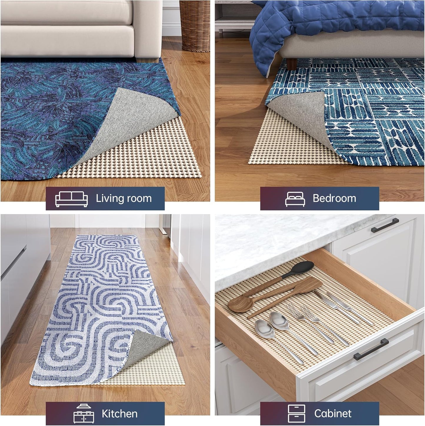 Non-Slip Rug Pad Gripper 9x13 Feet, Anti Skid Mat for Under Area Rugs, Keeps Rugs in Position and Safe, Thick Cushioned Carpet Pad for Hardwood Floors Protection